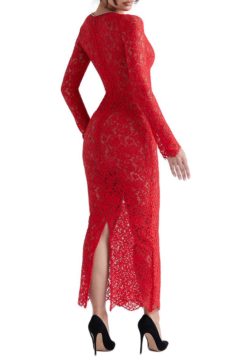 Lisandra Crystal Trim Long Sleeve Lace Dress, Alternate, color, RED