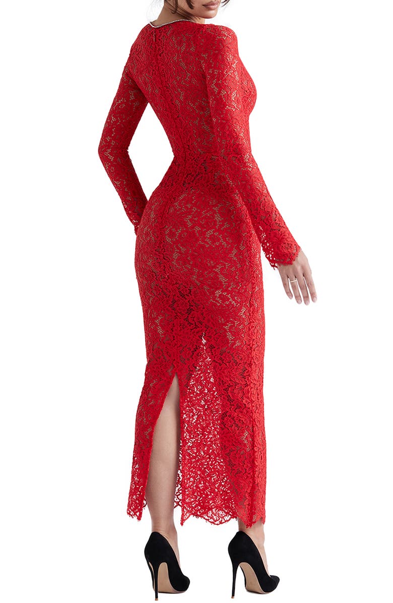 HOUSE OF CB Lisandra Crystal Trim Long Sleeve Lace Dress, Alternate, color, Red