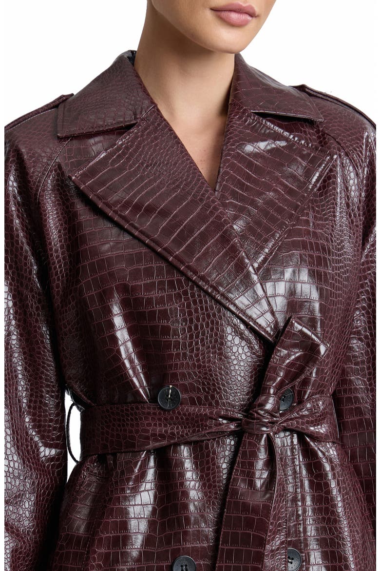 Croc Embossed Faux Leather Maxi Trench Coat, Alternate, color, DARK RED