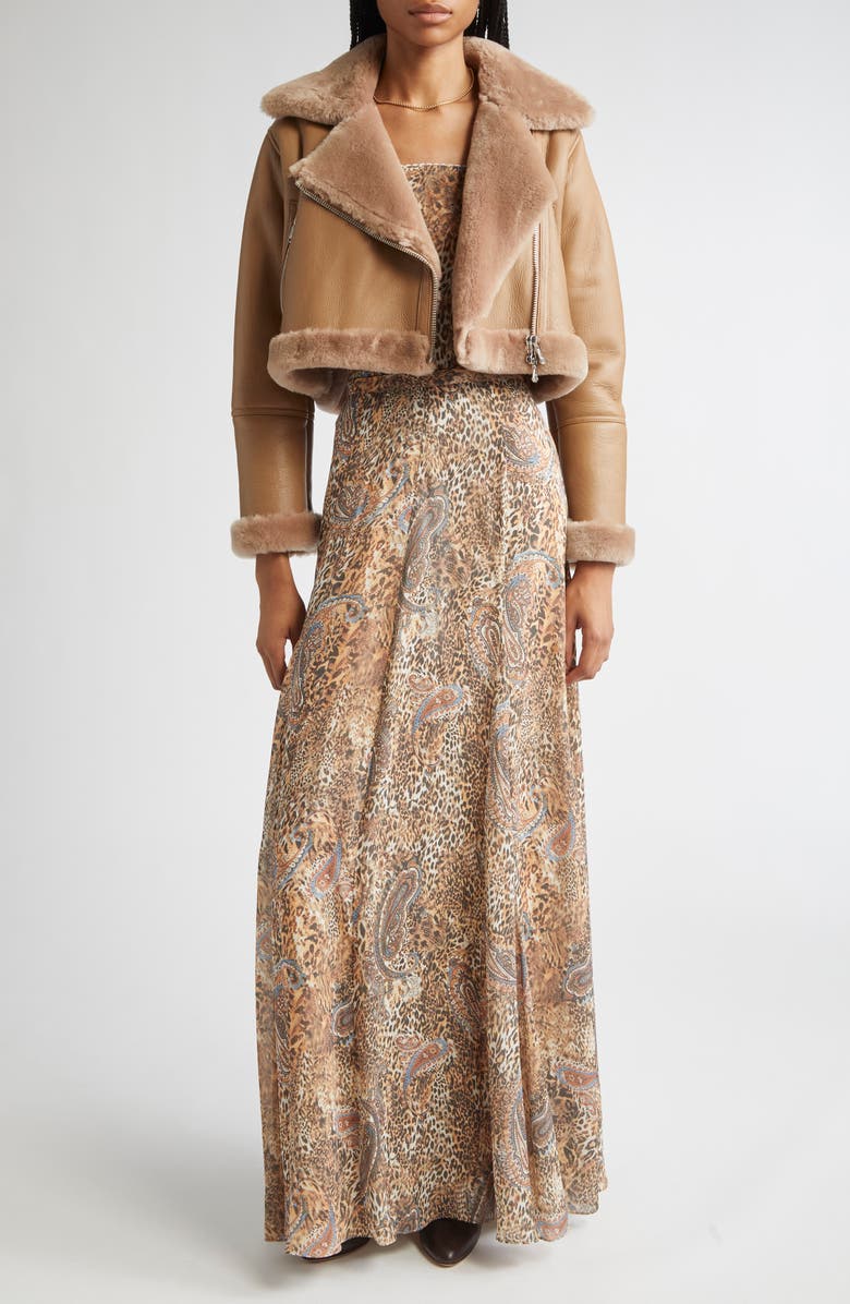 L'AGENCE Pike Leather & Genuine Shearling Crop Jacket, Alternate, color, Chanterelle