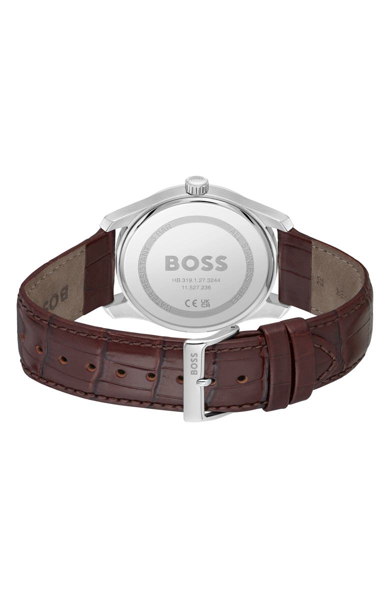 BOSS Principle Leather Strap Watch, 45mm, Alternate, color, Silver