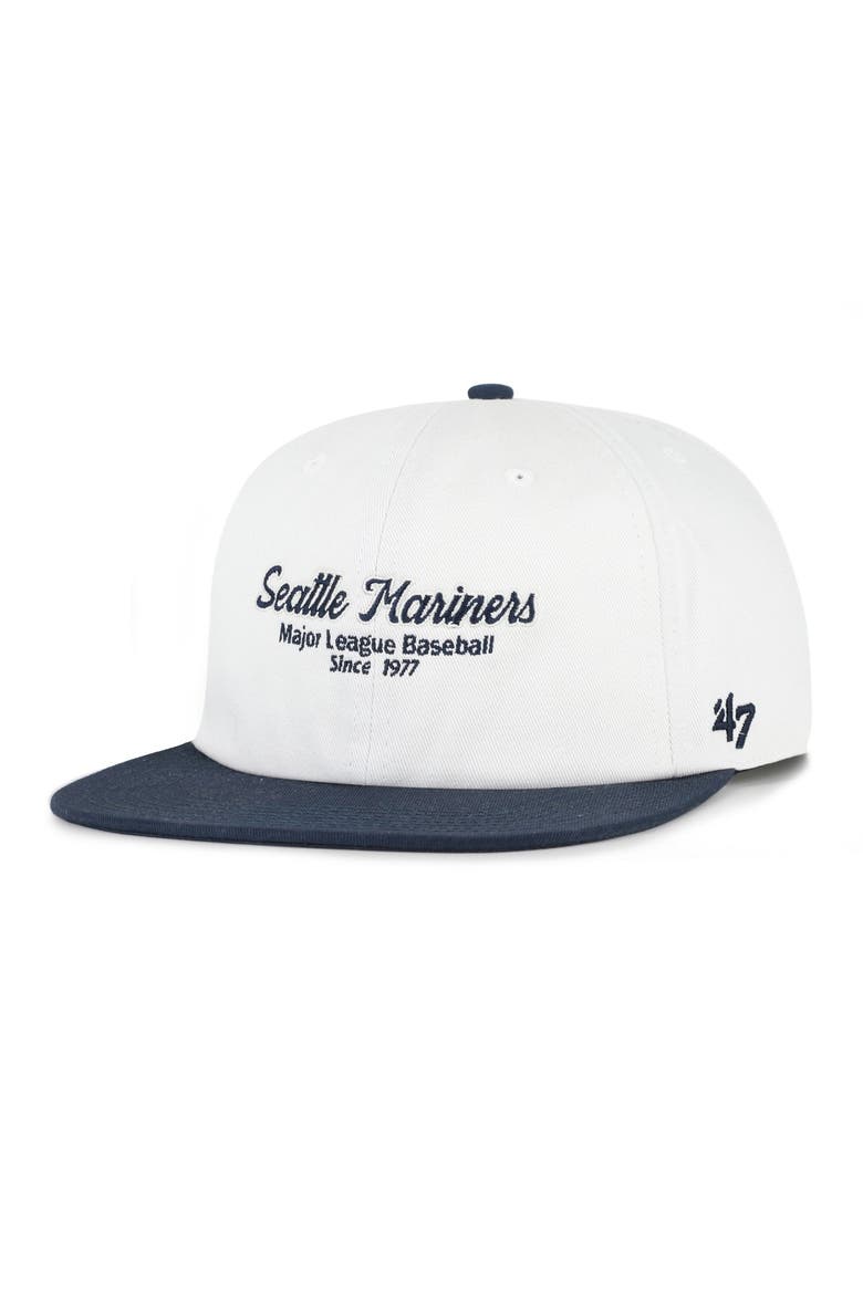 Men's '47 White/Navy Seattle Mariners Script Stack Relaxed Captain Snapback, Alternate, color, White
