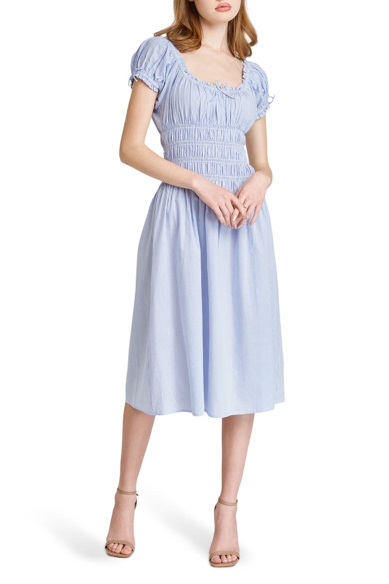 Adelina Stripe Shirred Cotton Midi Dress, Main, color, BLUE-IVORY STRIPE