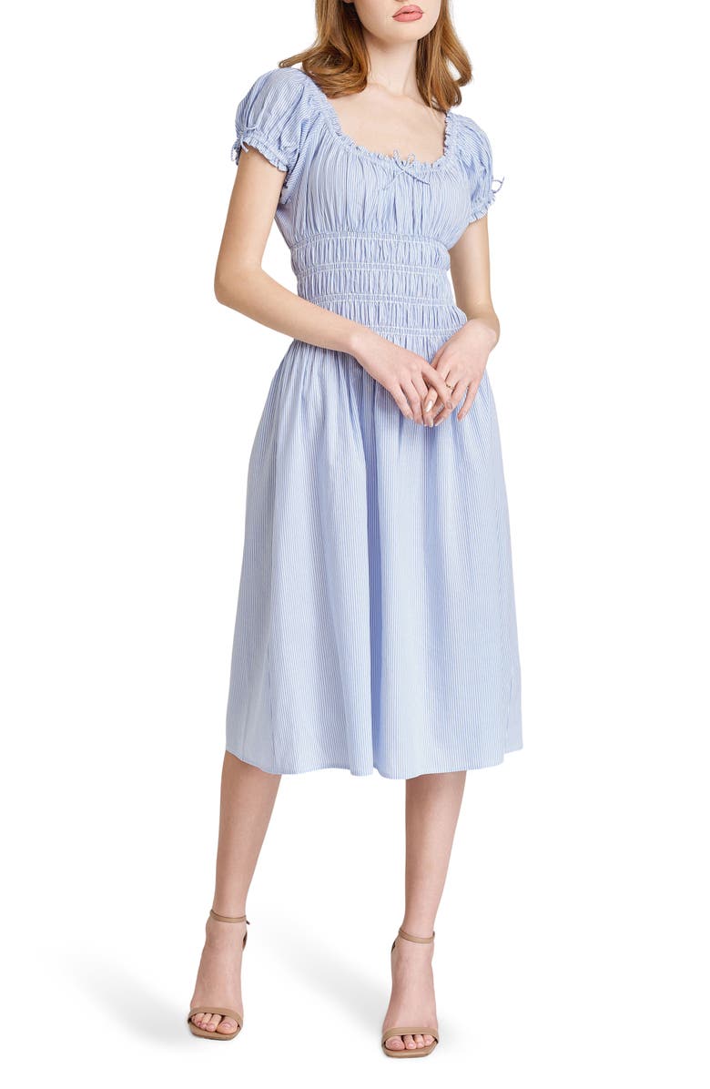 WAYF Adelina Stripe Shirred Cotton Midi Dress, Main, color, Blue-Ivory Stripe