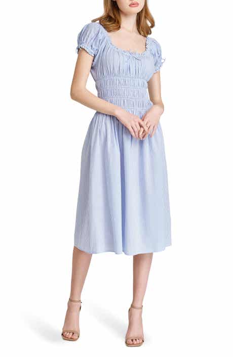 WAYF Adelina Stripe Shirred Cotton Midi Dress