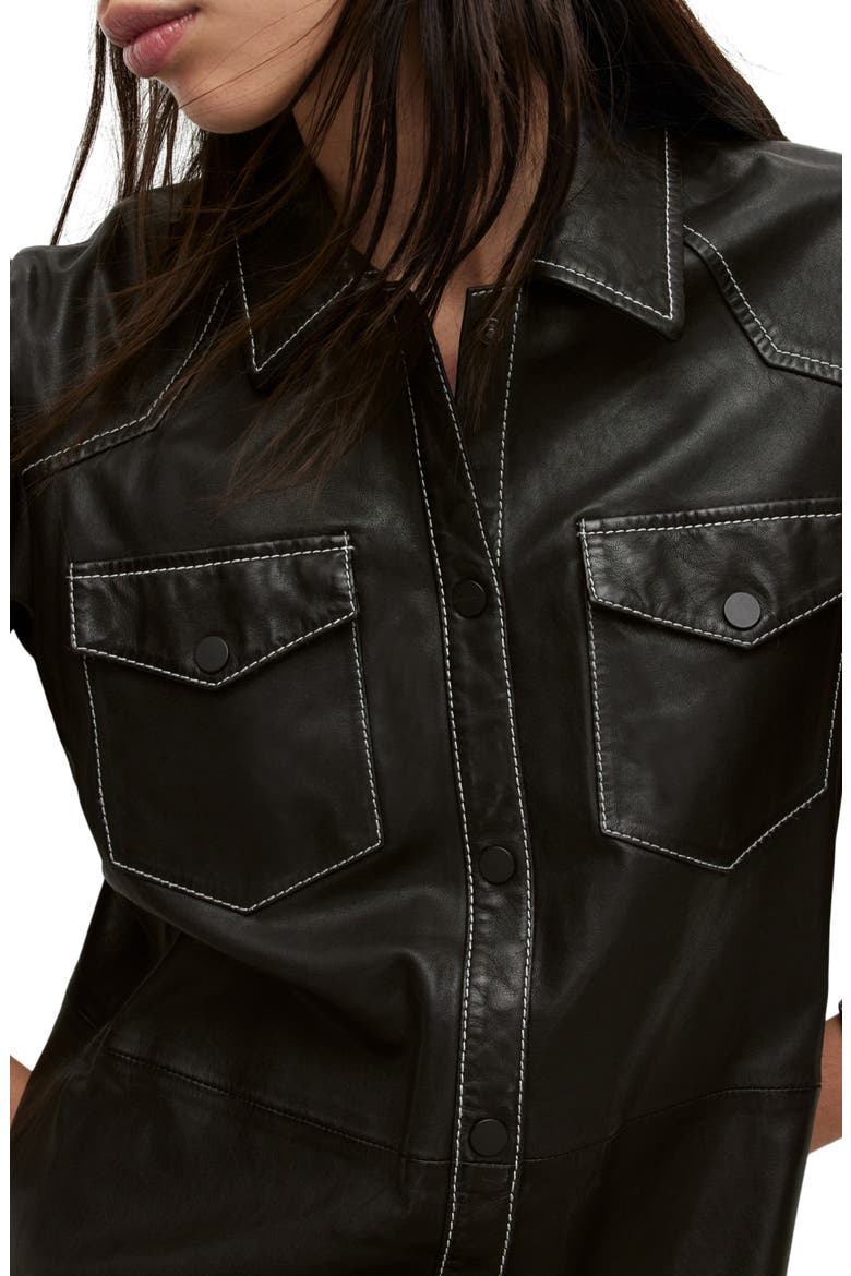 Ava Long Sleeve Leather Shirtdress, Alternate, color, BLACK