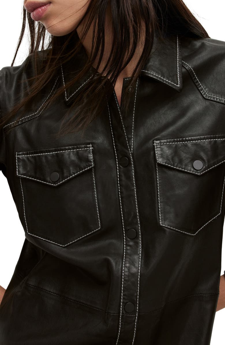 AllSaints Ava Long Sleeve Leather Shirtdress, Alternate, color,