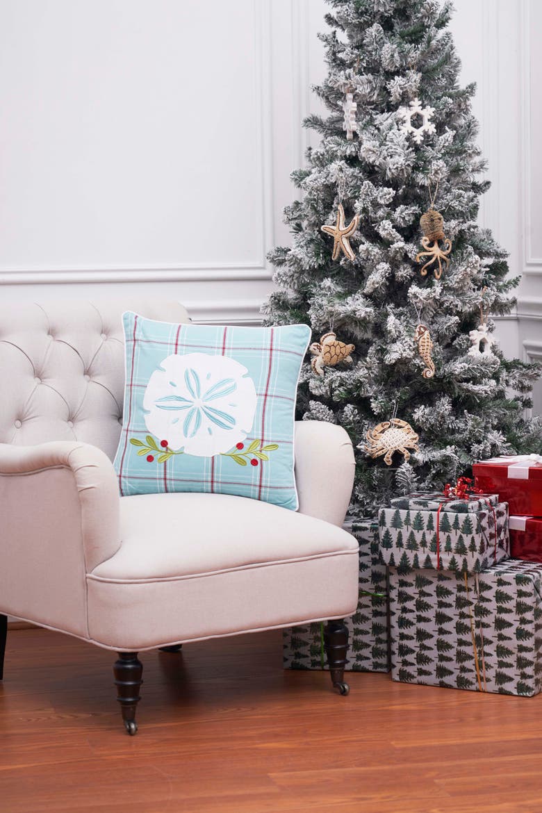 Plaid Sand Dollar Christmas Throw Pillow, 18" x 18", Alternate, color, Blue