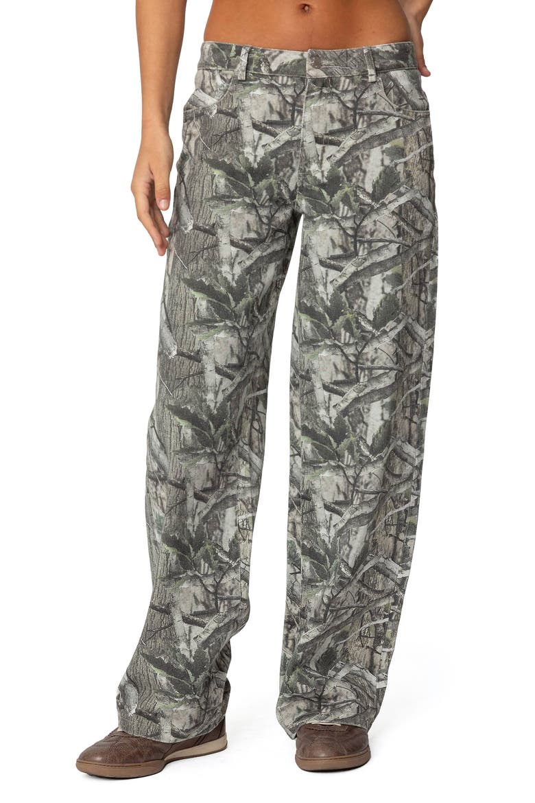 Camo Print Bow Pocket Low Rise Wide Leg Jeans, Main, color, OLIVE