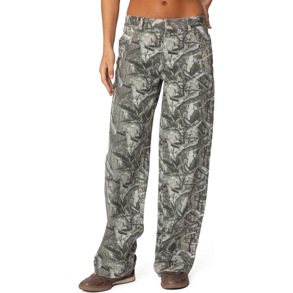 Shop Edikted Camo Print Bow Pocket Low Rise Wide Leg Jeans In Olive