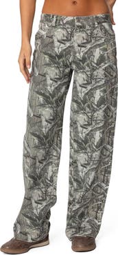 EDIKTED Camo Print Bow Pocket Low Rise Wide Leg Jeans