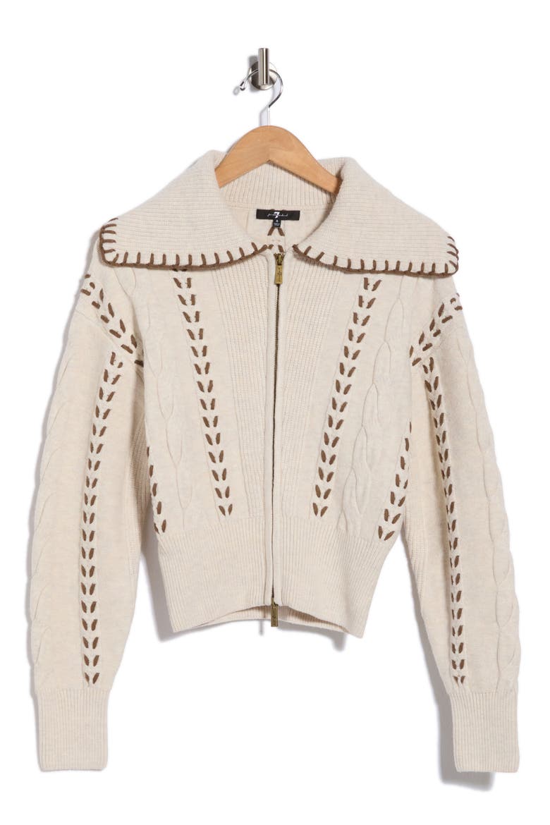 Whipstitch Zip-Up Cardigan, Alternate, color, CREAM-BROWN