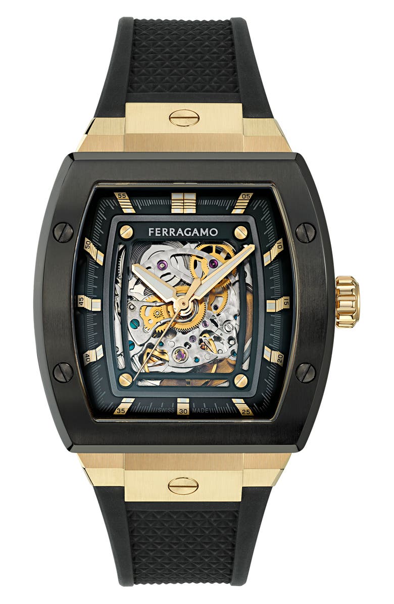 FERRAGAMO F-80 Tonneau Skeleton Silicone Strap Watch, 42mm, Main, color,