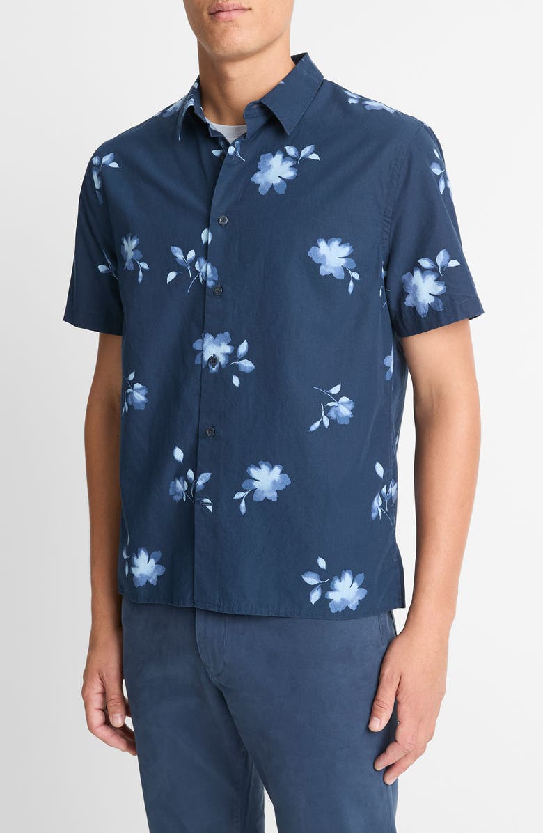 Vince Cascading Floral Short Sleeve Button-Up Shirt, Alternate, color, Deep Sea/ Aqua