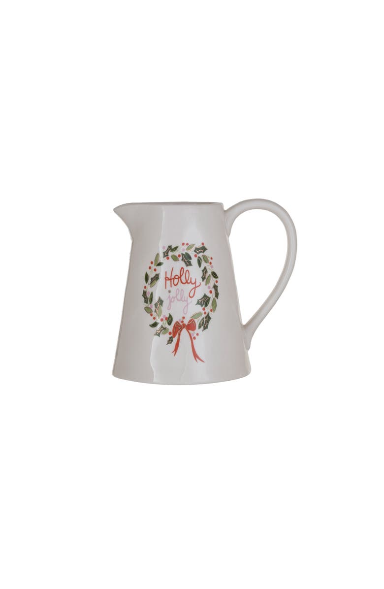 Storied Home 1 Quart Stoneware Pitcher with Gold Electroplating "Holly Jolly", Multicolor, Main, color, White