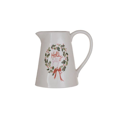 Storied Home 1 Quart Stoneware Pitcher with Gold Electroplating "Holly Jolly", Multicolor in White  product
