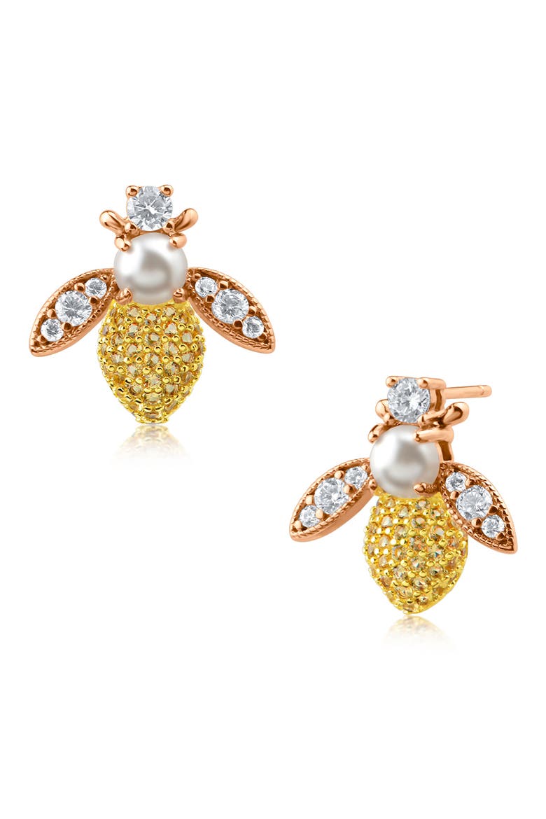 CZ Pave & Imitaton Pearl Bee Stud Earrings, Main, color, WHITE/ CLEAR/ ROSE GOLD