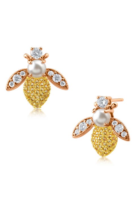 CZ BY KENNETH JAY LANE CZ Pave & Imitaton Pearl Bee Stud Earrings