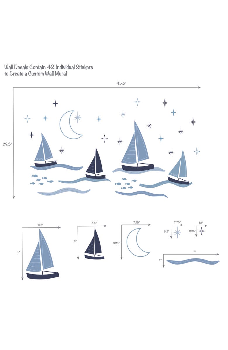Lambs & Ivy Little Skipper Nautical Sailboat, Moon & Stars Wall Decals/Stickers, Alternate, color, Blue