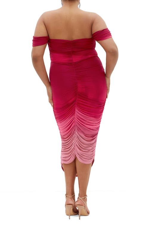 City Chic Ombré Ruched Square Neck Cap Sleeve Dress In Ruby Ombre