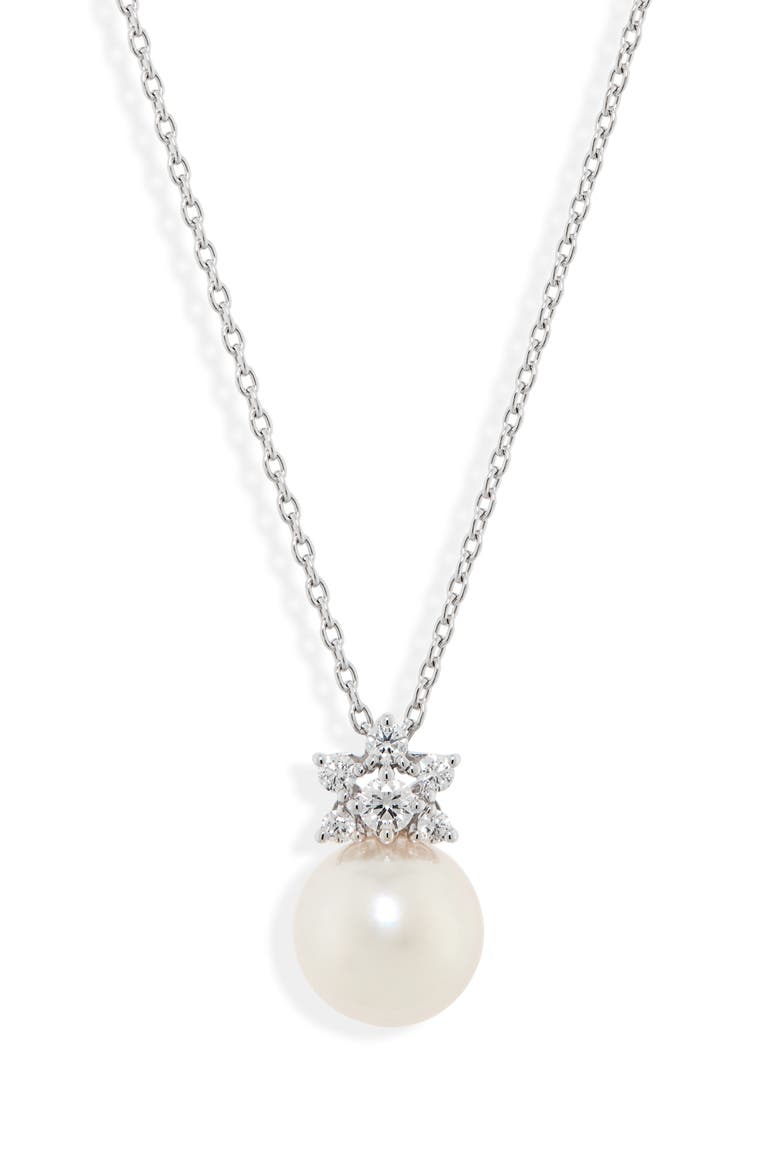 Akoya Cultured Pearl & Diamond Pendant Necklace, Main, color, WHITE GOLD