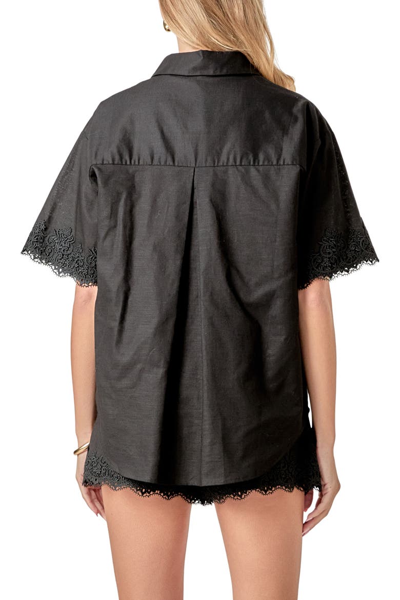 Embroidered Lace Linen Blend Shirt, Alternate, color, BLACK