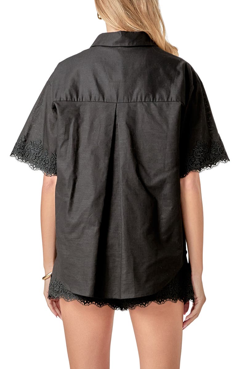 English Factory Embroidered Lace Linen Blend Shirt, Alternate, color, Black