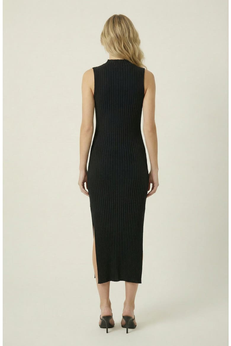 Sleeveless Ribbed Knit Midi Dress with Side Slit and High Neckline, Alternate, color, Black