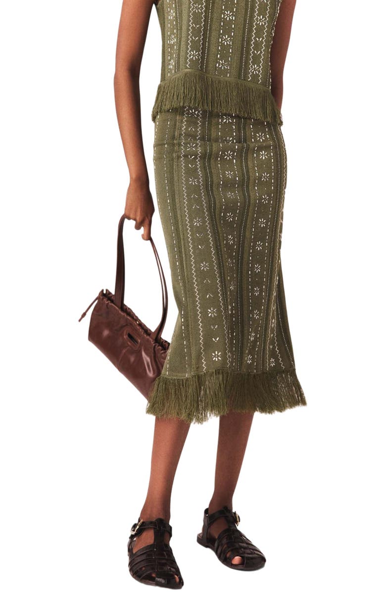 maje Knit skirt with rhinestone flowers, Alternate, color, Khaki