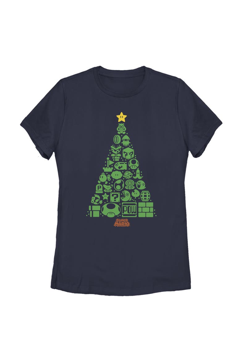 Women's Nintendo Christmas Tree Mosaic  Graphic T-Shirt, Main, color, Navy Blue