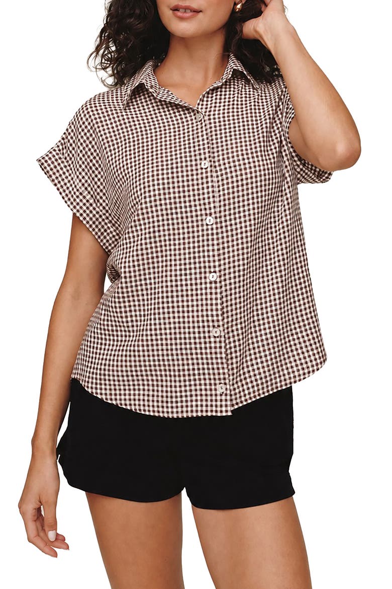 Gingham Short Sleeve Button-Up Shirt, Main, color, BROWN MICRO GINGHAM