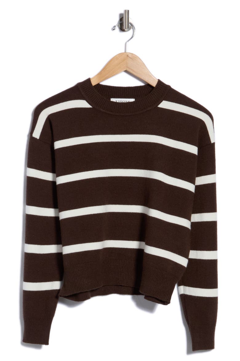 Striped Crewneck Pullover Sweater, Main, color, DARK CHOC/ CRME