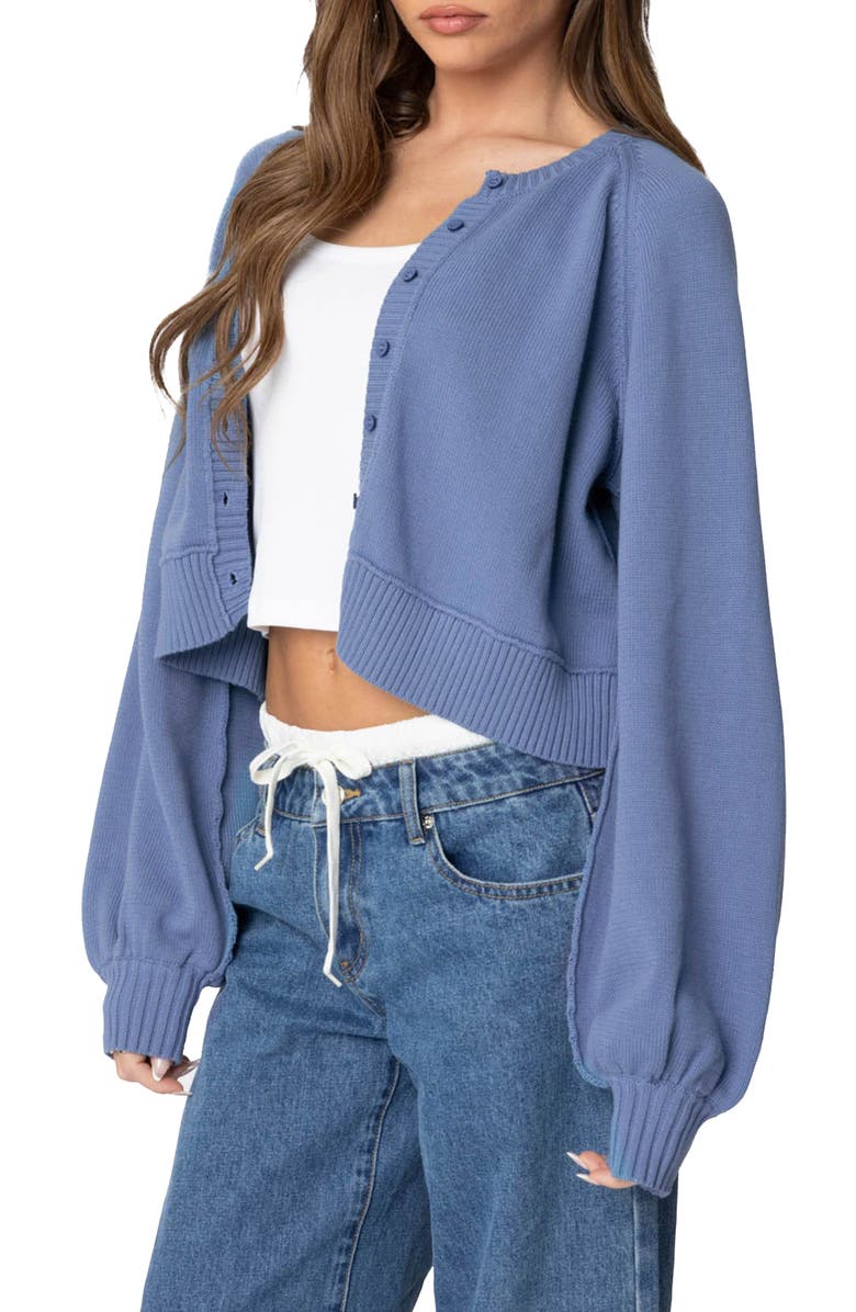 EDIKTED Sammi Balloon Sleeve Cotton Crop Cardigan, Alternate, color, Blue