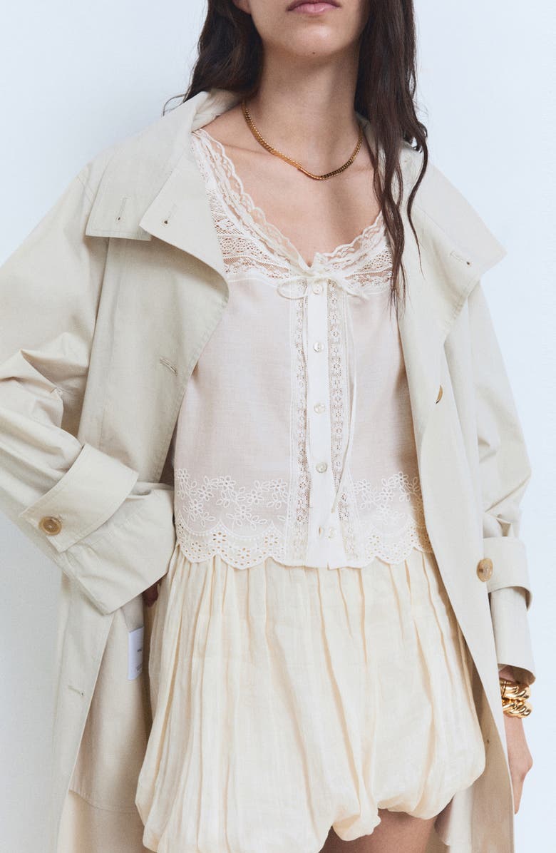 MANGO Lace Trim Cotton Button-Up Shirt, Alternate, color, Off White