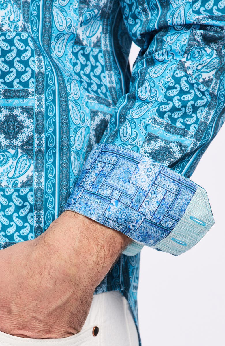 Robert Graham Paisley Print Cotton Button-Up Shirt, Alternate, color, Teal