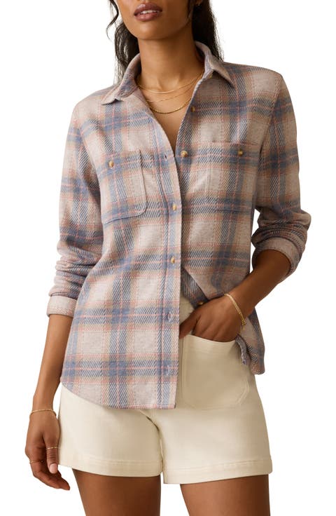 売れ筋商品|||ラッキーブランド カットソー トップス レディース Women's Plaid Button-Down Long-Sleeve Tunic Shirt Brown Plaid Women's Plaid Shirts Oversized Button Down Color Block