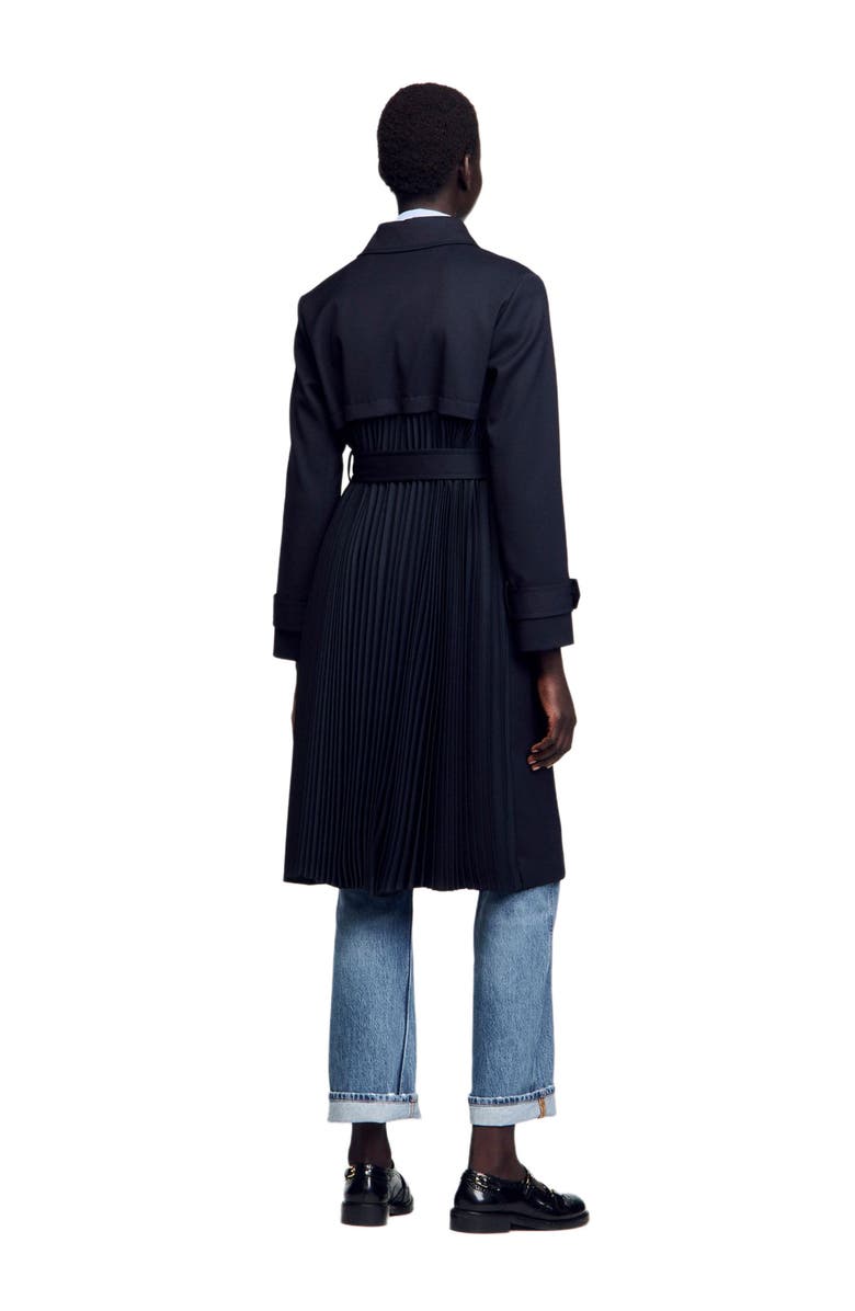 SANDRO Trench coat with pleated inset, Alternate, color, Navy Blue