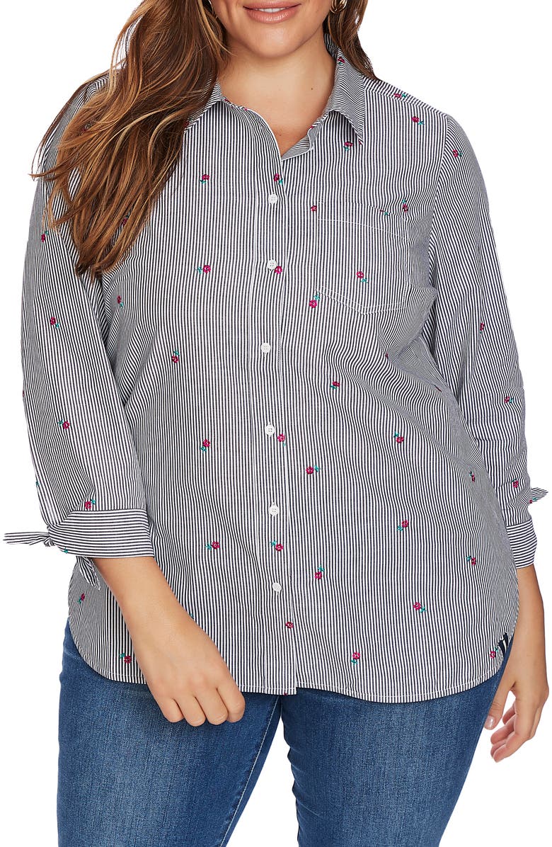 Court & Rowe Floral Embroidery Pinstripe Cotton Button-Up Shirt, Main, color, 