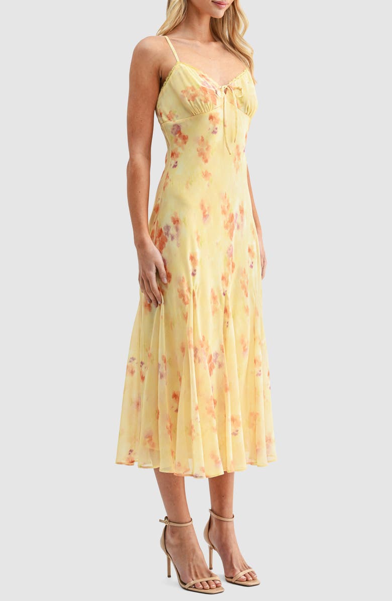 Lush Floral V-Neck Tie Midi Dress, Alternate, color, Yellow Floral