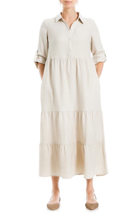 Tiered Long Sleeve Gauze Shirtdress