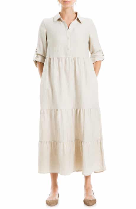 MAX STUDIO LONDON Tiered Long Sleeve Gauze Shirtdress
