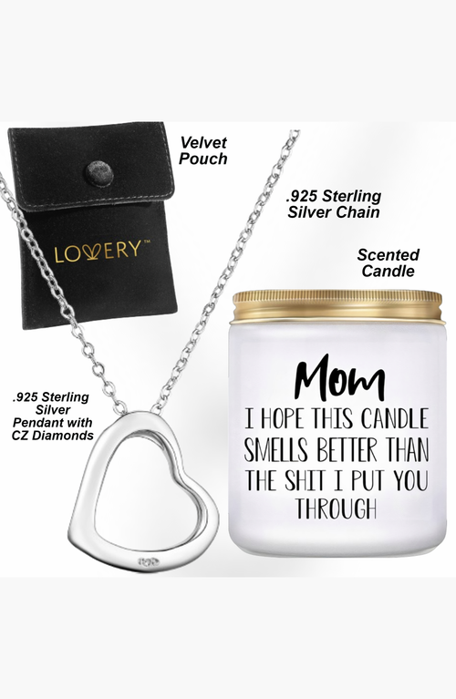 Lovery Mother's Day .925 Sterling Silver Heart Necklace With Pouch & Vanilla Scented Soy Candle In Silver