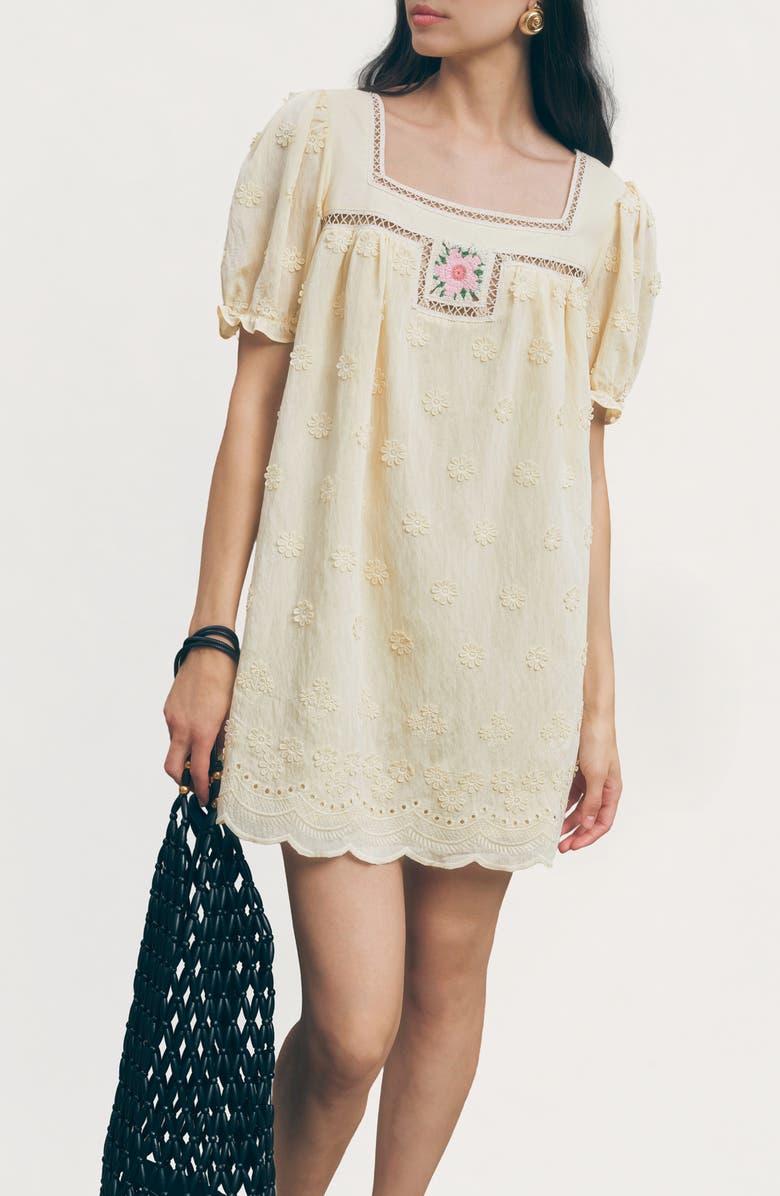 MAUDE CLUB Odette Floral Appliqué Mini Babydoll Dress, Alternate, color, Butter Yellow