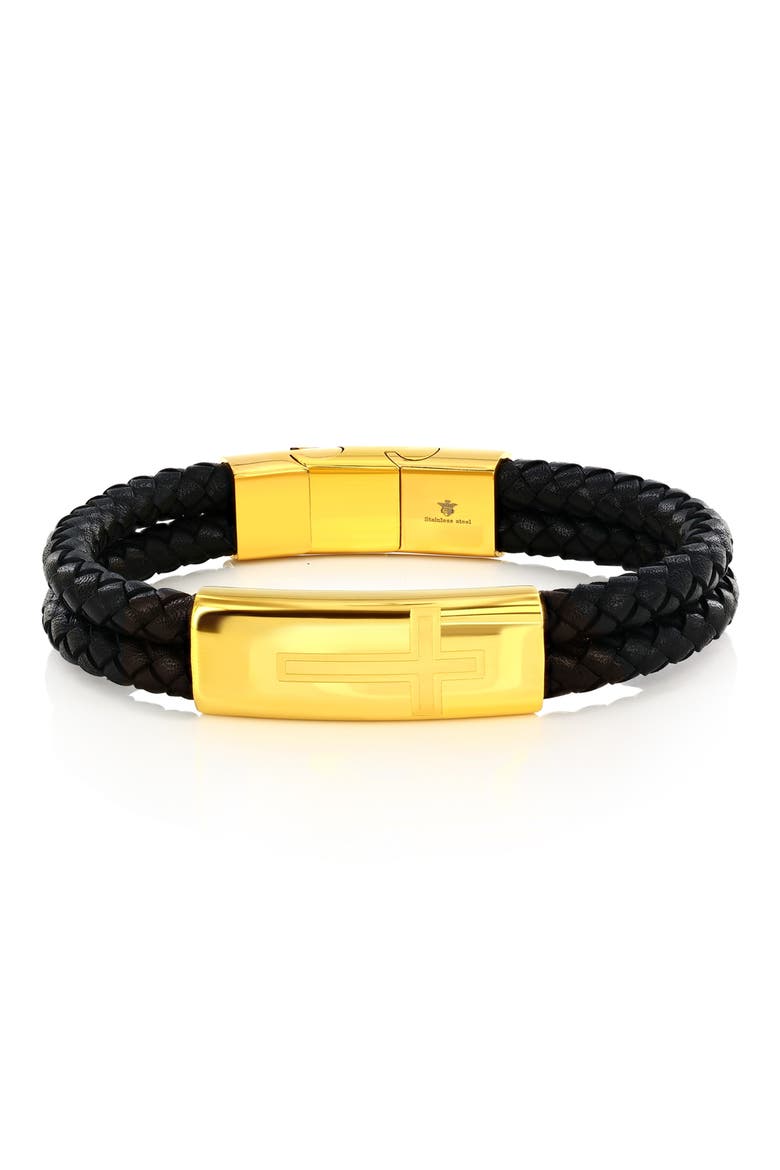 Men's Cross Braided Leather Bracelet, Main, color, GOLD