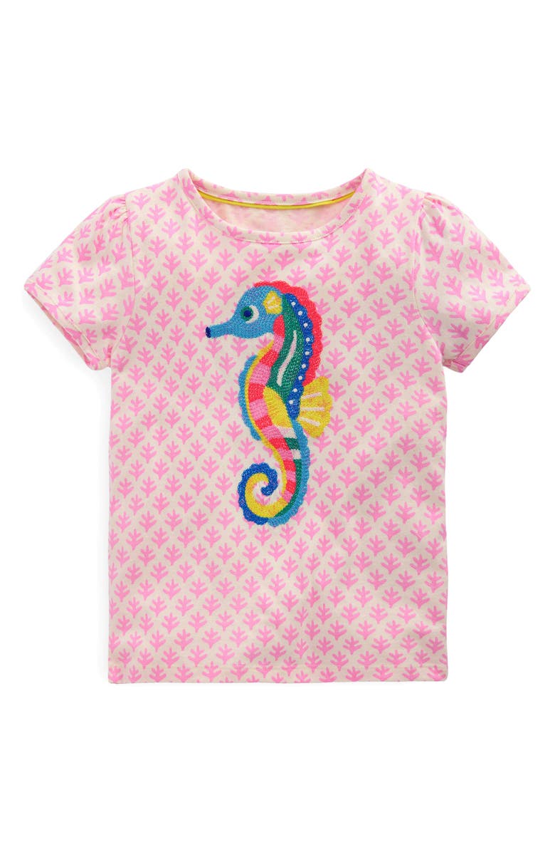 Mini Boden Kids' Superstitch Seahorse Embroidered Cotton Graphic T-Shirt, Main, color, Pink Woodblock Seahorse