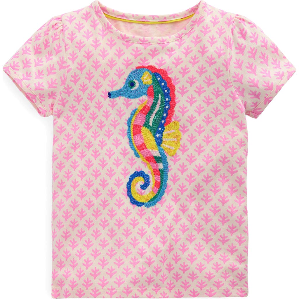 Mini Boden Kids' Superstitch Seahorse Embroidered Cotton Graphic T-shirt In Pink Woodblock Seahorse