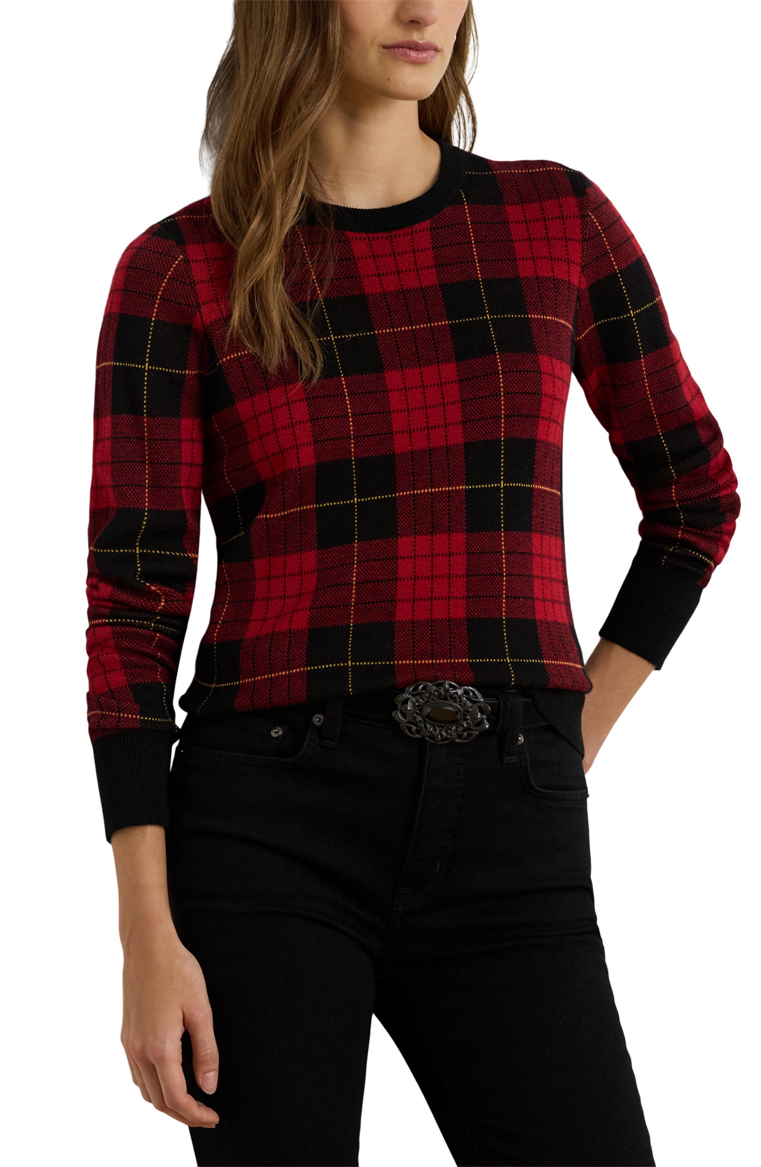 Lauren Ralph Lauren Plaid Crewneck Cotton Blend Sweater