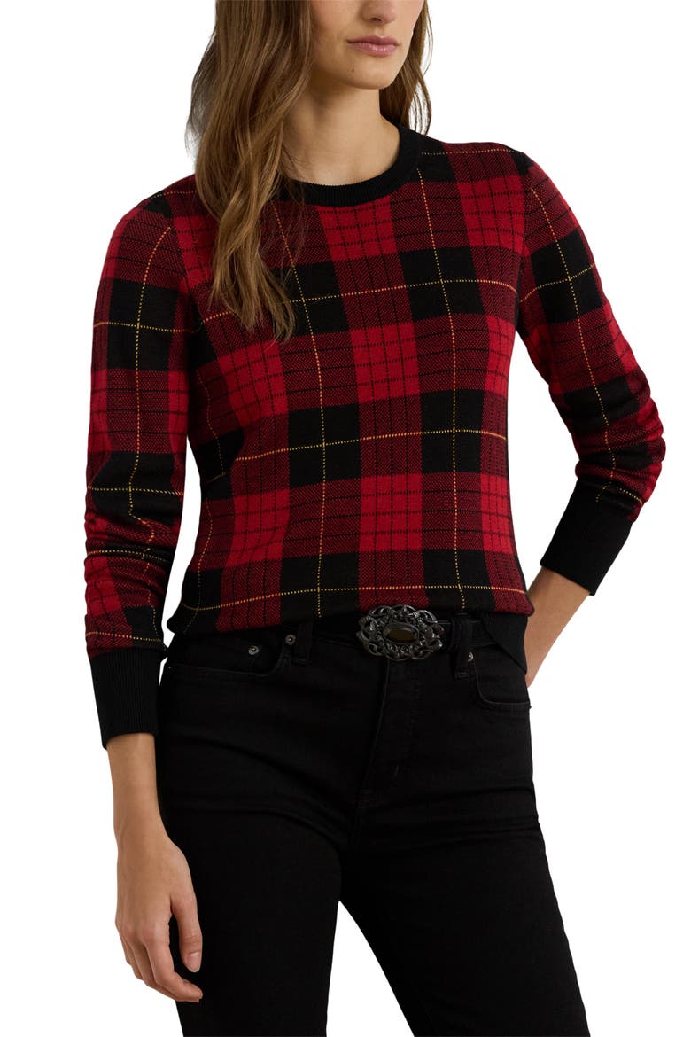 Plaid Crewneck Cotton Blend Sweater, Main, color, BLACK/ RED MULTI