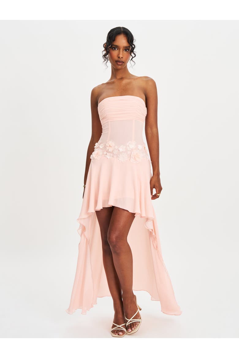 Mae Ruched Breast Appliqué Trim Trailing Dress, Main, color, Baby pink chiffon