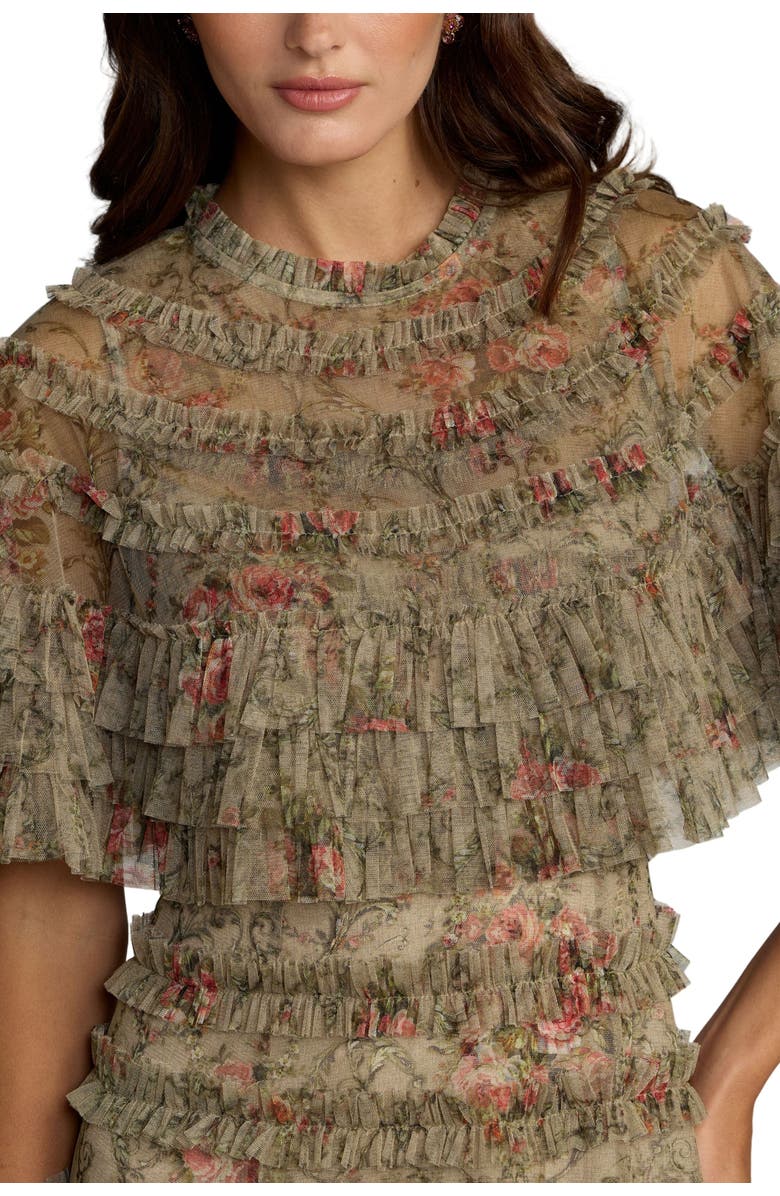 Mac Duggal Floral Mesh Ruffle Midi Dress, Alternate, color, Olive